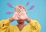 Hands, lightning graphic and a woman on a blue background for brainstorming or idea. Blocking, stop and a person with a gesture and digital shock visual for a creative abstract or innovation