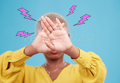 Buy stock photo Hands, lightning graphic and a woman on a blue background for stop or rejection. Block, no and person with a gesture and technology abstract, anger or frustrated at internet speed or connection