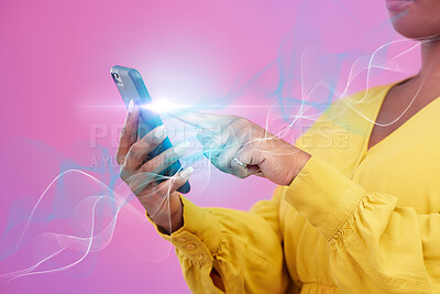 Buy stock photo Woman hands, phone and network hologram, technology overlay and connection on a pink background. Person or online user press on social media, mobile Web 3.0 and internet speed with glow in studio