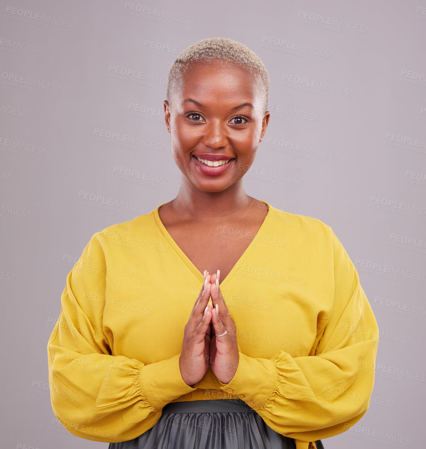 Buy stock photo Woman, prayer and hands together in faith, religion and hope or thank you of career opportunity on studio background. Christian or african person in praying portrait, gratitude emoji and ngo business