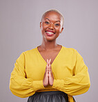 Woman, praying and hands together in religion, faith and hope or thank you of career opportunity on studio background. Christian or african person in gratitude portrait, peace emoji and ngo business