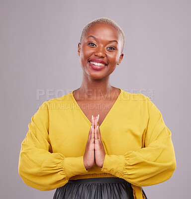 Buy stock photo Woman, praying and hands together in religion, faith and hope or thank you of career opportunity on studio background. Christian or African person in gratitude portrait, peace emoji and ngo business