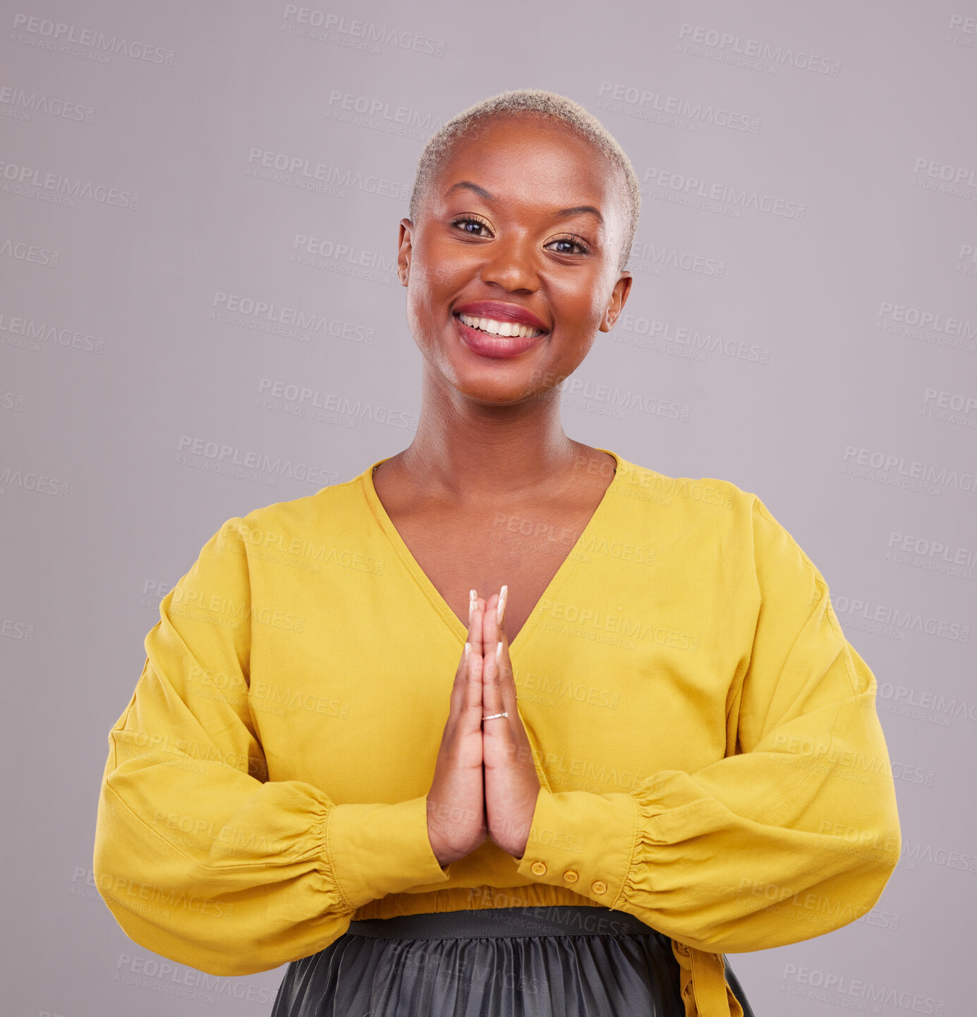 Buy stock photo Woman, praying and hands together in religion, faith and hope or thank you of career opportunity on studio background. Christian or African person in gratitude portrait, peace emoji and ngo business