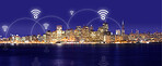 City, night and wireless network or internet with neon overlay, lights and connection for communication. Cityscape, future technology and icon for location, streaming and connectivity or tower access