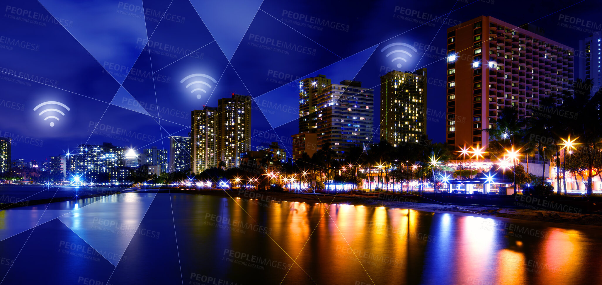 Buy stock photo Internet, city and wireless network at night with neon overlay, lights and connection for communication. Cityscape, future technology and hologram icon for location, streaming and connectivity access