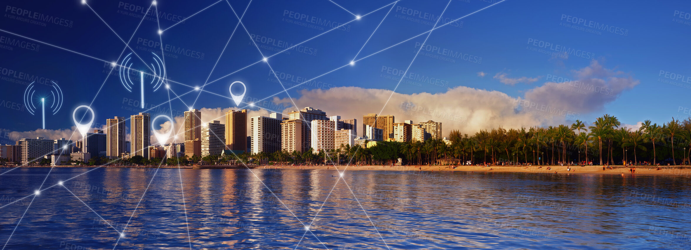 Buy stock photo City, internet and banner, wireless connectivity with building, technology abstract and communication with river. Location, connection and urban landscape with water, cyber and digital transformation