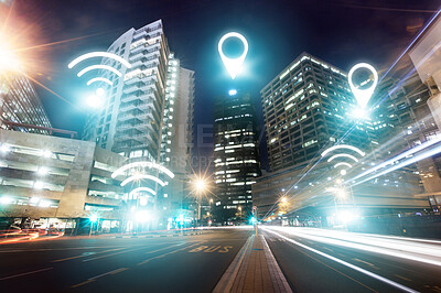 Buy stock photo City street, internet and night, wireless connectivity with building, technology abstract and communication. Pin location, connection and urban landscape, light with cyber and digital transformation