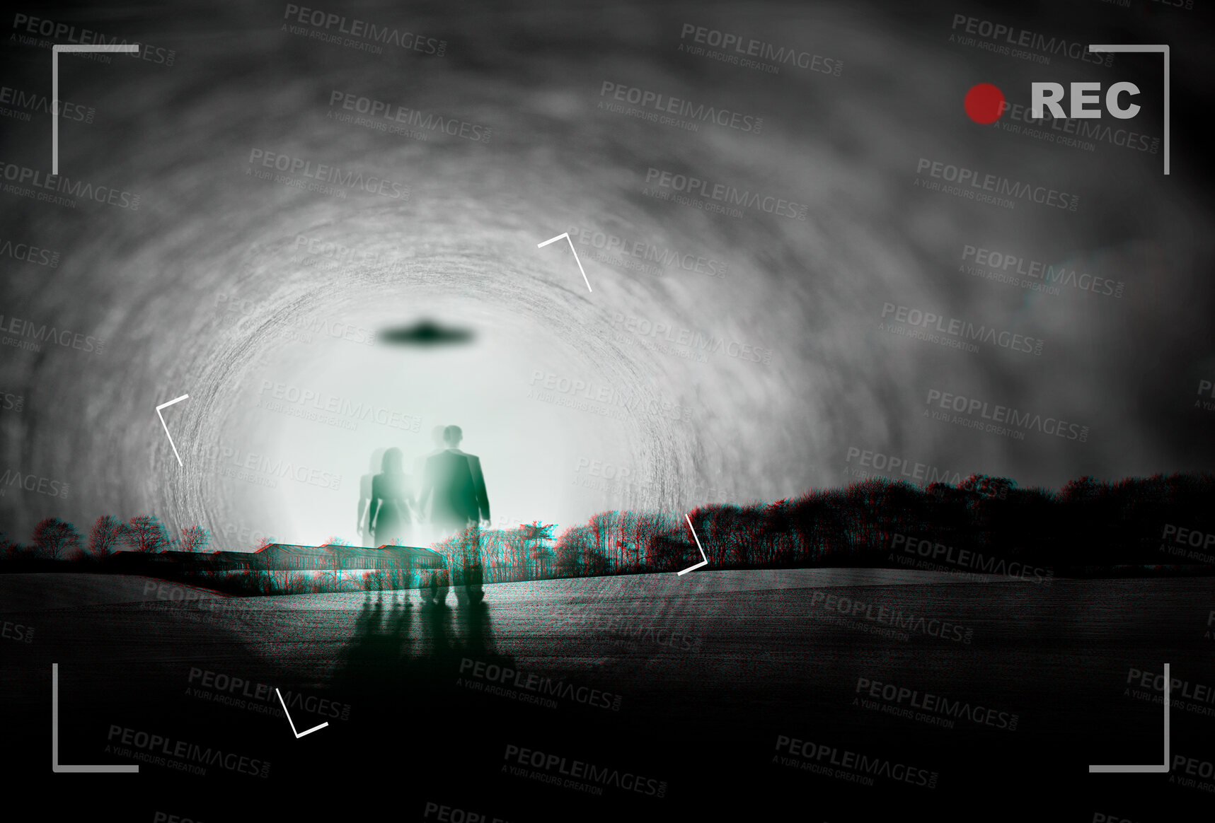 Buy stock photo Alien, spaceship and people recording with UFO in sky in nature for fantasy, science fiction and space mission. Extraterrestrial, travel and silhouette in forest for abduction conspiracy on camcorder