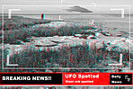 UFO, spaceship and alien in nature or earth with breaking news or broadcast background and television recording. Spacecraft, sky and research or surveillance with warning sign, scifi and tv broadcast