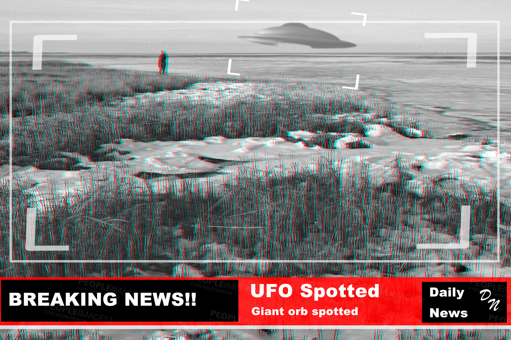 Buy stock photo UFO, spaceship and alien in nature or earth with breaking news or broadcast background and television recording. Spacecraft, sky and research or surveillance with warning sign, scifi and tv broadcast