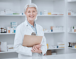 Pharmacy, clipboard and portrait of woman pharmacist in dispensary, clinic or hospital for medicine with smile. Medical, healthcare and senior professional doctor or drug store manager with checklist