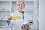 Pharmacy, old woman and tablet with medication, inventory and checking stock with connection, healthcare and research. Senior person, pharmacist and employee with technology, medical and information