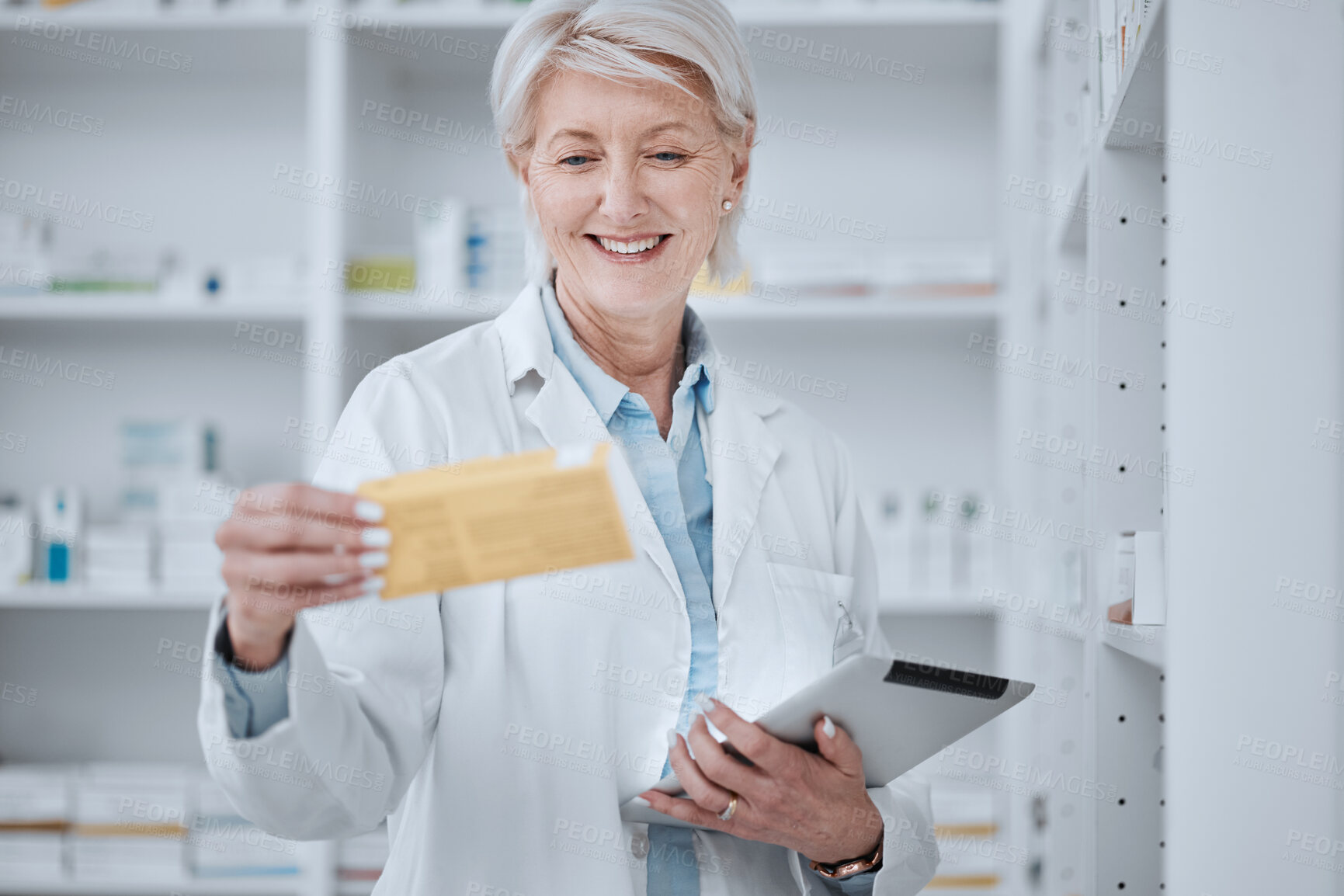 Buy stock photo Pharmacy, old woman and tablet with medication, inventory and checking stock with connection, healthcare and research. Senior person, pharmacist and employee with technology, medical and information