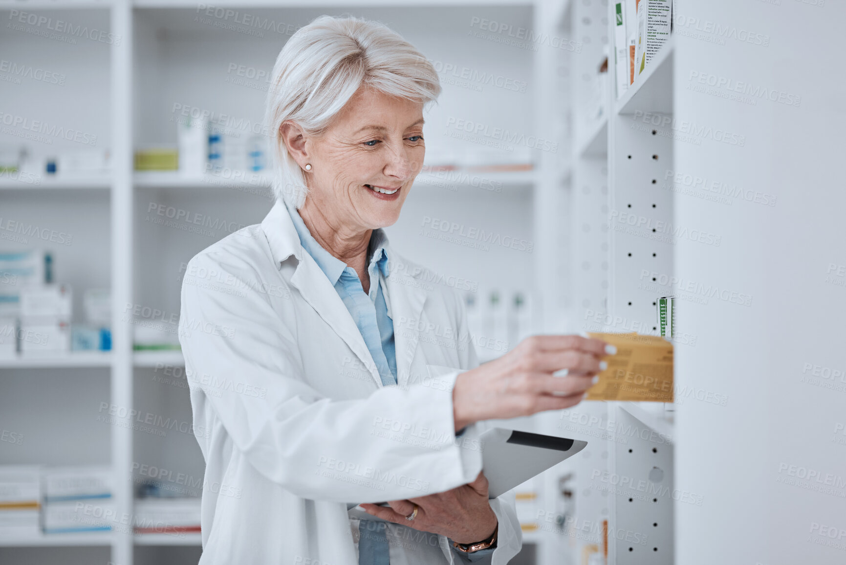 Buy stock photo Pharmacy, senior woman and tablet with pills, inventory and checking stock with connection, smile and research. Old person, pharmacist and employee with technology, medical medication and telehealth