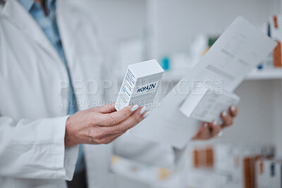 Buy stock photo Person, pharmacist and hands with box of medication, pharmaceutical or pills on shelf at drugstore. Closeup of medical or healthcare employee with drugs, prescription meds or inspection at pharmacy