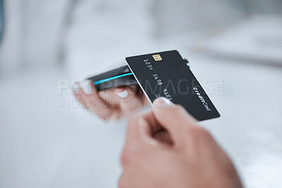 Buy stock photo POS, contactless payment and hands with credit card or customer in pharmacy to purchase a service at a store. Technology, cashless and person buy or tap a machine for online app in healthcare