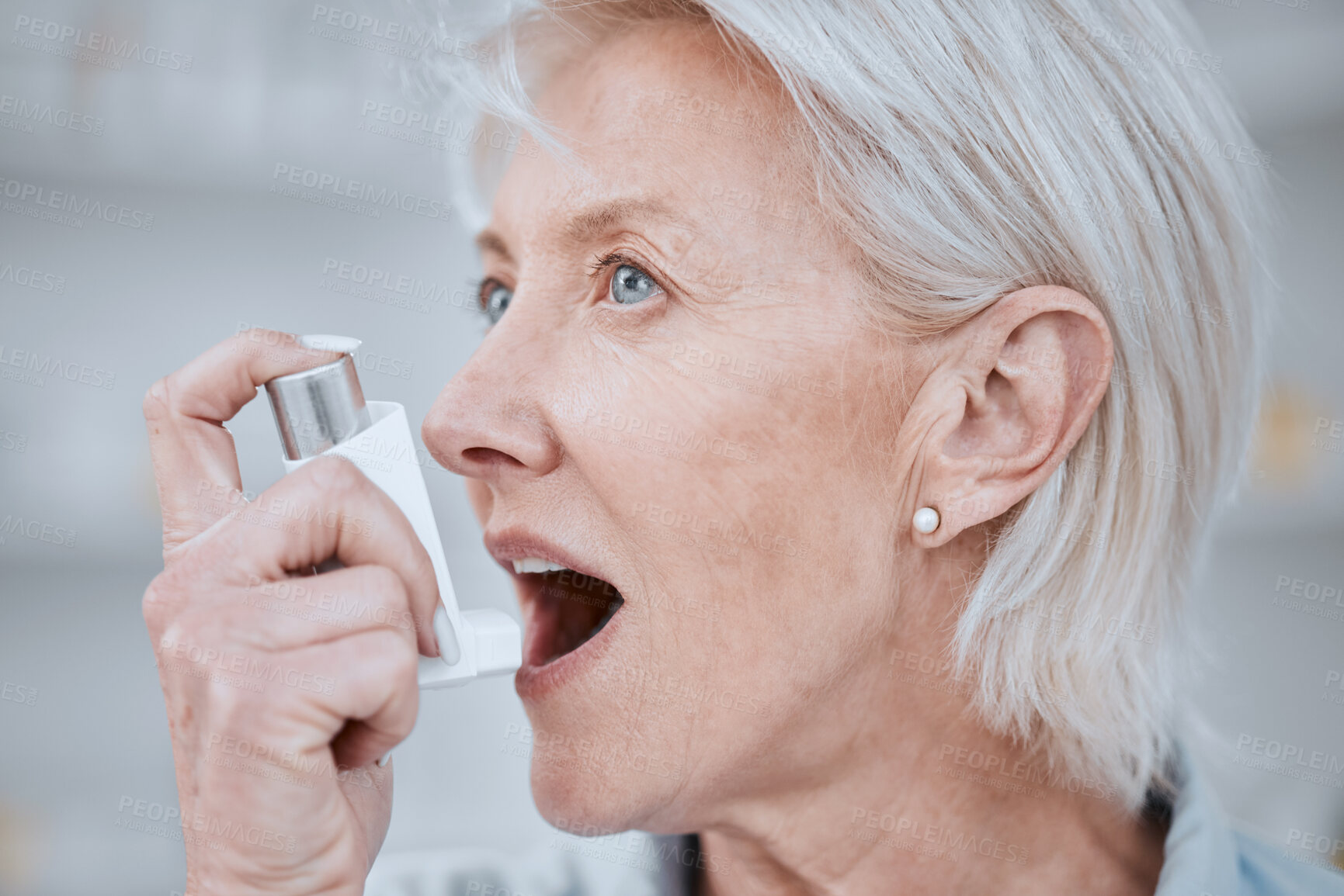 Buy stock photo Senior woman, asthma inhaler and breathe with pharmaceutical product, medical or healthcare. Elderly woman, pump and spray for oxygen, wellness or emergency for lungs, mouth or thinking with medicine