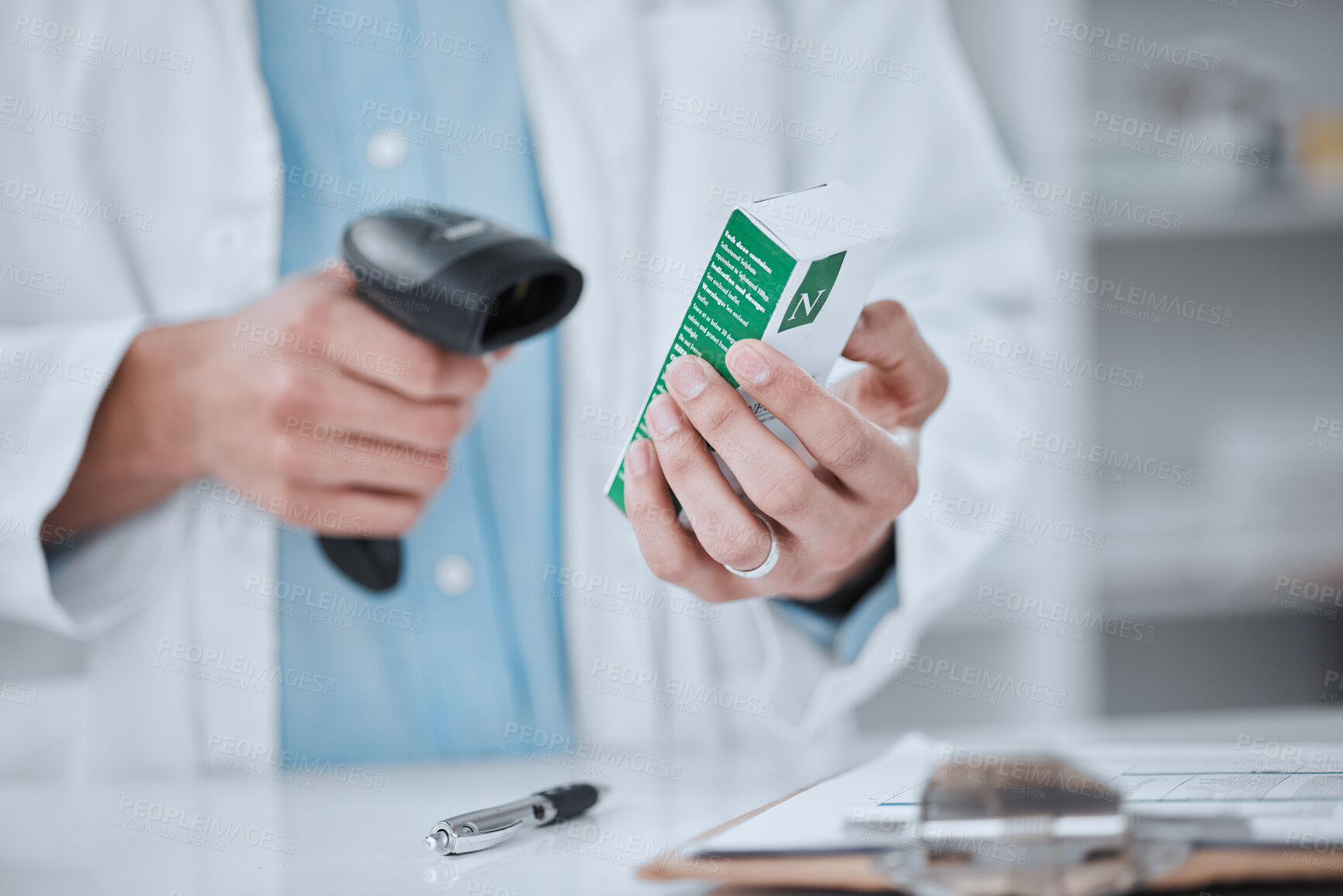 Buy stock photo Person, pharmacist and hands scanning box in price check, inventory or inspection on medication at pharmacy. Closeup of medical or healthcare employee checking cost on pharmaceutical product or drug