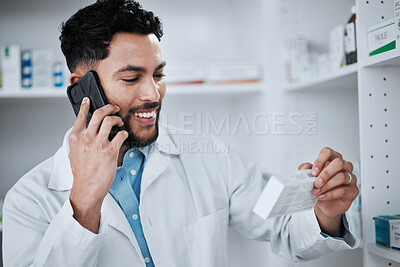 Buy stock photo Telehealth, pharmacist and man with pills, drugs and medicine on phone talking for job. Mobile networking, conversation and pharmacy of a male professional with ingredient list and medical discussion