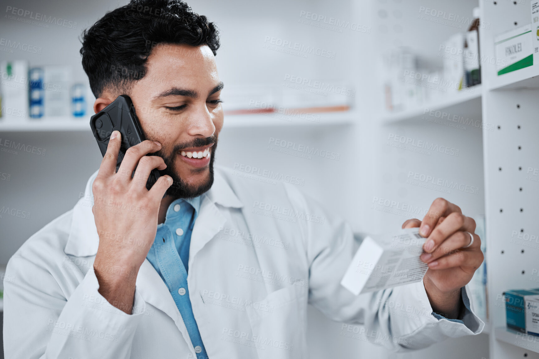 Buy stock photo Telehealth, pharmacist and man with pills, drugs and medicine on phone talking for job. Mobile networking, conversation and pharmacy of a male professional with ingredient list and medical discussion