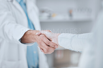 Buy stock photo People, pharmacist and handshake in meeting, teamwork or agreement together for deal at pharmacy. Closeup of medical or healthcare team shaking hands in support, unity or thank you at the drugstore