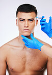 Man, syringe and eye filler surgery in studio portrait with doctor for beauty, wellness or change by white background. Young model, needle and hands for face, cosmetic transformation and dermatology