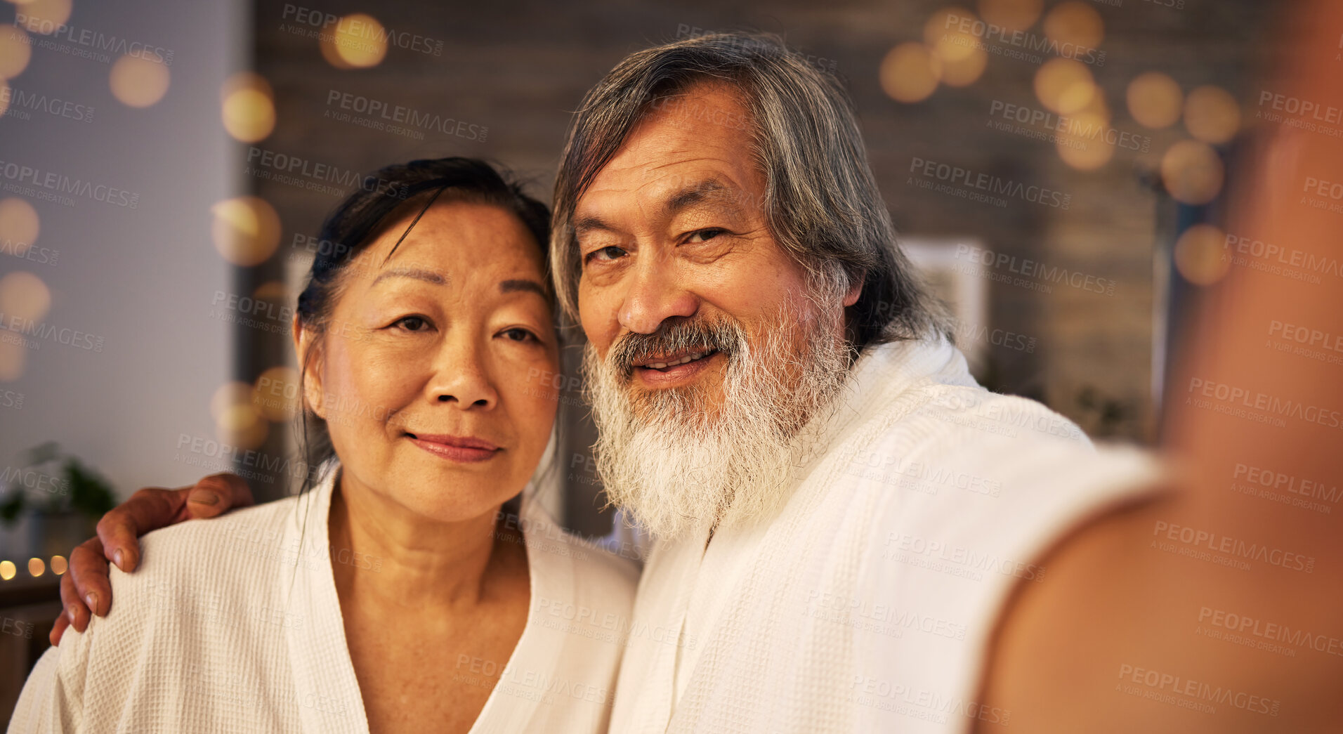 Buy stock photo Selfie, relax and love with old couple at spa for social media, anniversary and celebration. Beauty treatment, massage and profile picture with portrait of Asian man and woman at hotel for wellness