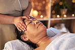 Relax head massage and senior with man in spa for wellness, facial treatment and hospitality. Peace, cosmetics and salon with customer and masseuse in hotel for health, vacation and physical therapy