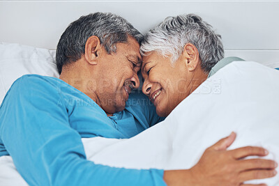 Buy stock photo Bed, care and old couple with love, relax and marriage with retirement, relationship and romance. Morning, happy elderly man or senior woman with trust, bedroom and bonding with peace, home and smile