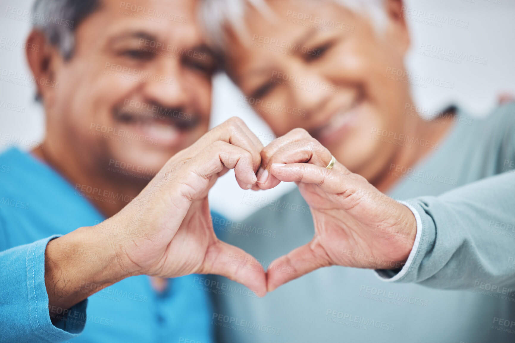 Buy stock photo Heart, mature couple and hands for care in healthy relationship, connection or commitment to marriage. Love sign, romance of man and woman in loyalty, kindness or emoji to support in trust together