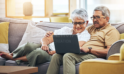 Buy stock photo Laptop, relax and senior couple on sofa for watching movies, entertainment and streaming in living room. Retirement, love and happy man and woman on computer for internet, website and film at home