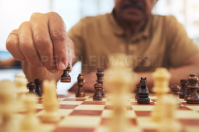 Buy stock photo Man, chess board game and hands on pawn for fun strategy, hobby and decision in challenge. Closeup, chessboard or player moving piece for winning contest, competition or learning tabletop brain games