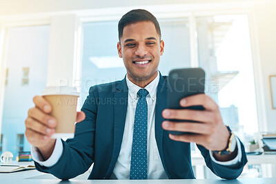 Buy stock photo Phone, coffee and business man in office online for social media, networking and check email. Corporate worker, professional and person with tea on smartphone for internet, website and mobile app