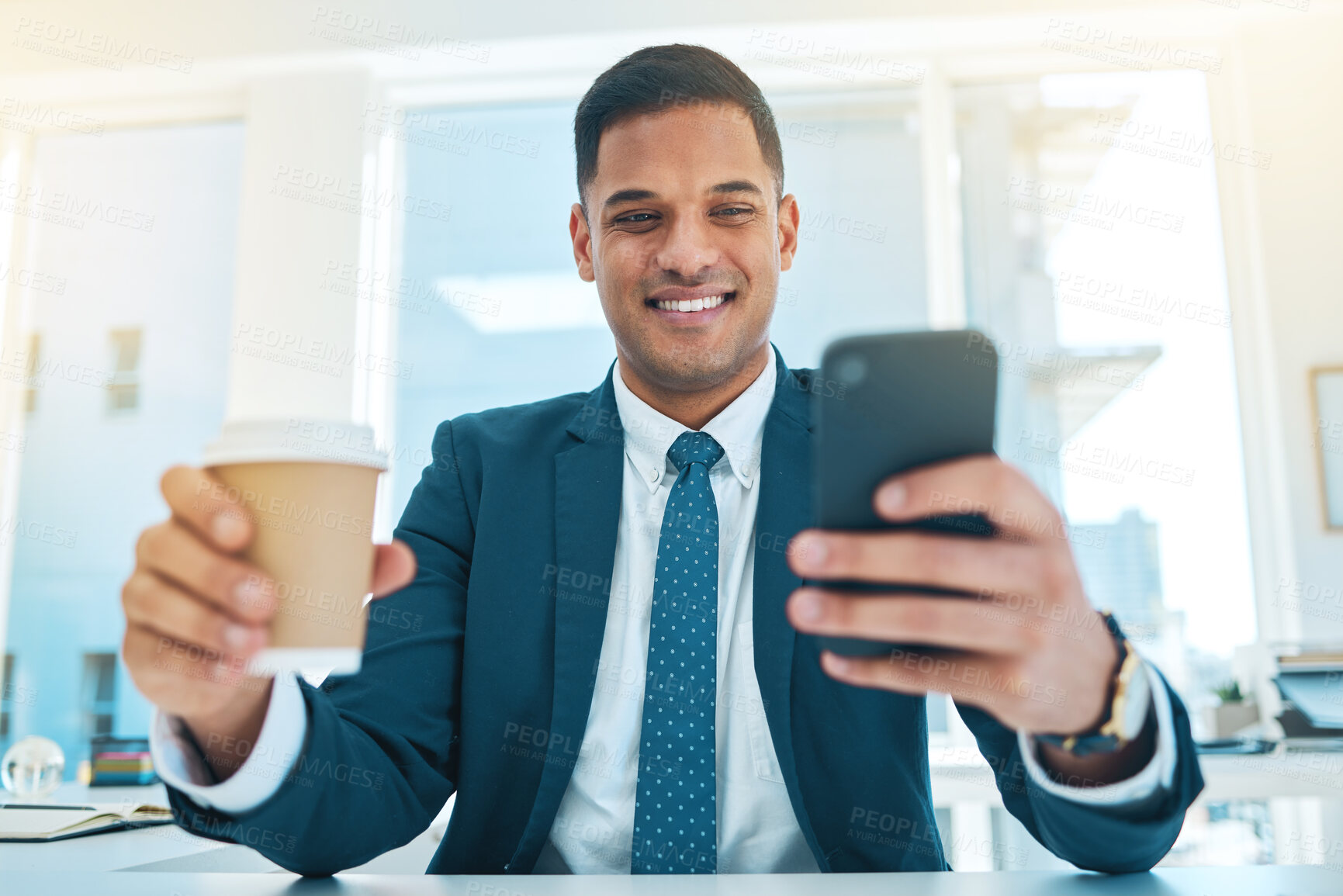 Buy stock photo Phone, coffee and business man in office online for social media, networking and check email. Corporate worker, professional and person with tea on smartphone for internet, website and mobile app