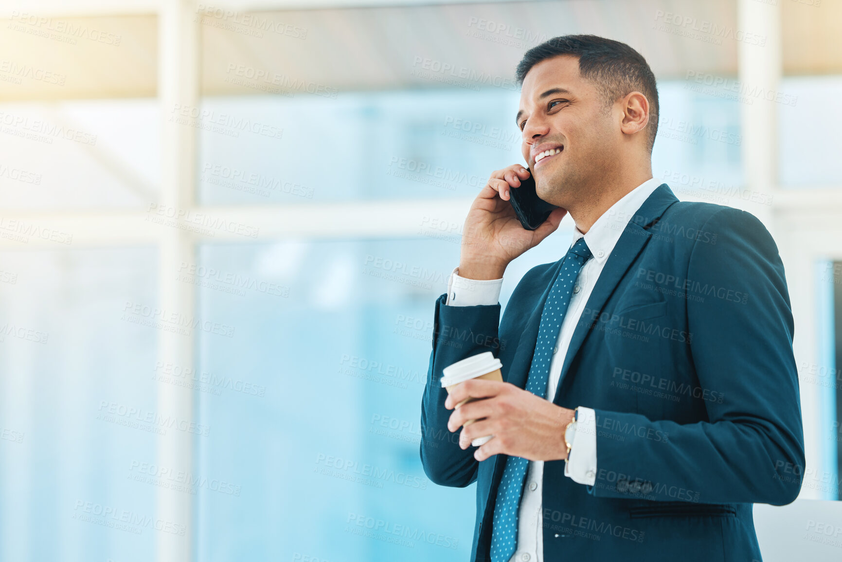 Buy stock photo Phone call, talking and business man in office for online chat, networking and discussion. Corporate worker, coffee break and happy person on smartphone speak for planning, schedule and communication