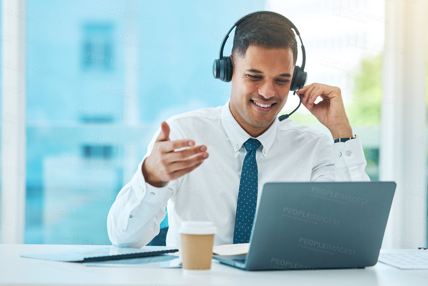 Buy stock photo Laptop, call center and business man telemarketing, support and help desk in office. Computer, customer service and happy sales agent in communication, consulting and listening to contact us for crm