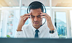 Man, call center and consultant headache, stress or pain in communication fail, customer service mistake or business fatigue. Tired agent or sales person with anxiety or depression on office computer