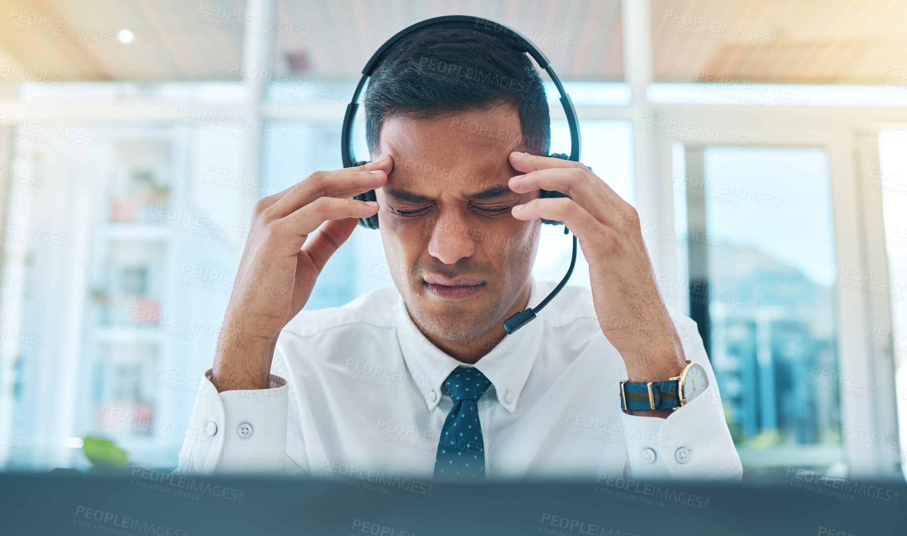 Buy stock photo Man, call center and consultant headache, stress or pain in communication fail, customer service mistake or business fatigue. Tired agent or sales person with anxiety or depression on office computer