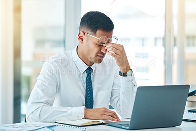 Buy stock photo Business man, headache and stress on laptop for financial mistake, accounting error or results and pain. Professional person with glasses, tired and fatigue on computer for research and job report