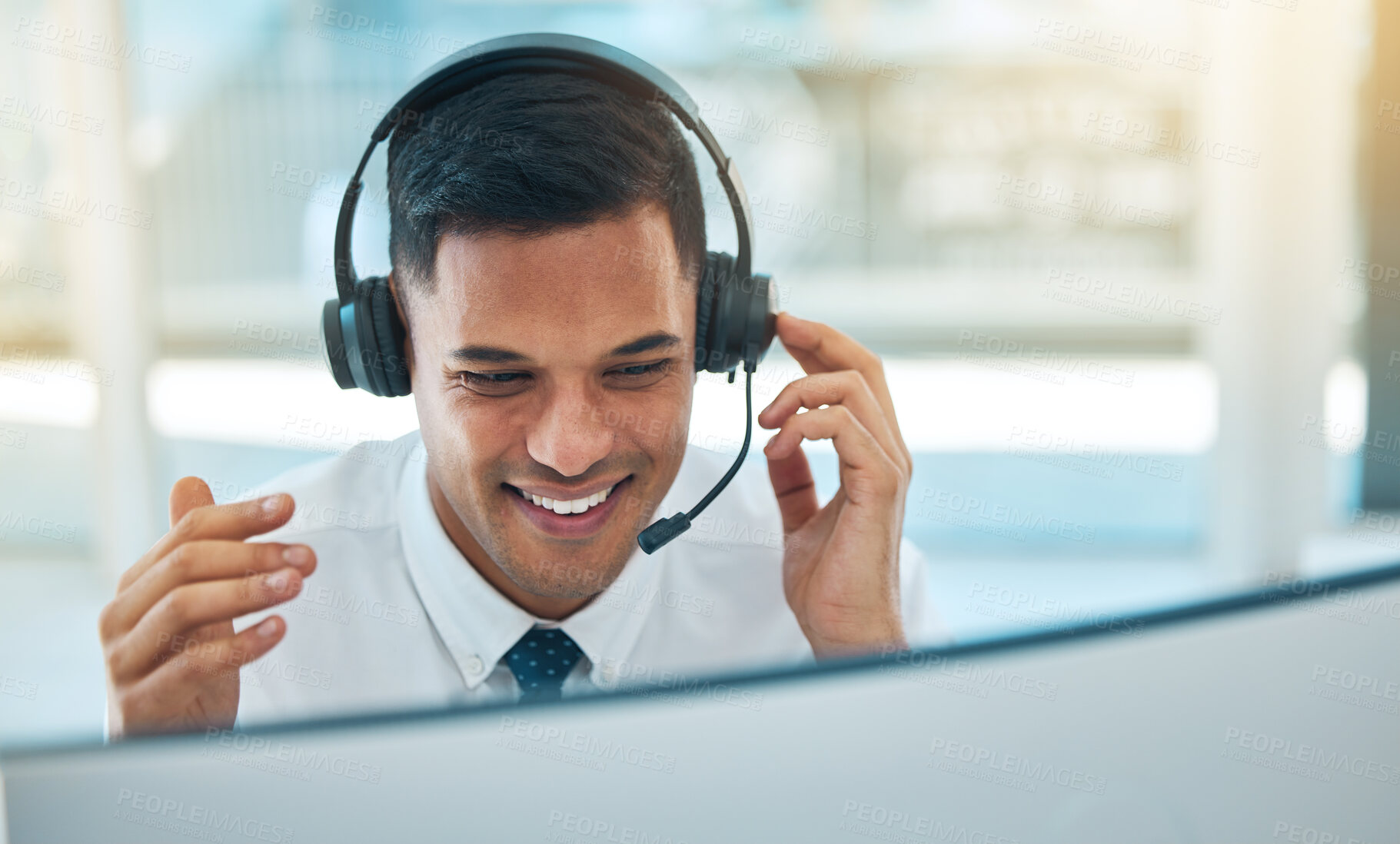 Buy stock photo Man, callcenter and phone call, contact us and headset with mic, CRM and communication, smile with help desk worker. Face, conversation and customer service consultant, telecom and virtual assistant