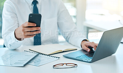 Buy stock photo Laptop, phone and hands typing in office, multitask and working on project. Computer, smartphone and business consultant at desk on internet, man networking on email app and research info on website