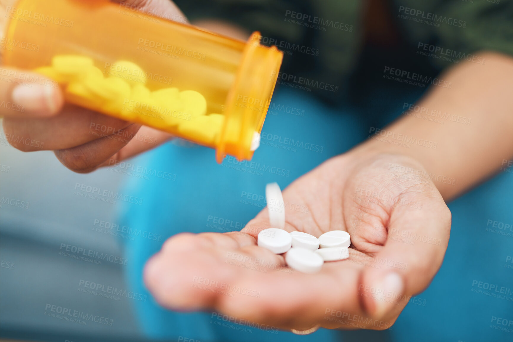 Buy stock photo Hand, bottle and pills, closeup of drugs for health and sick person, wellness supplements and vitamins. Healthcare, pharmaceutical tablet and plastic container, antibiotics and treatment for illness