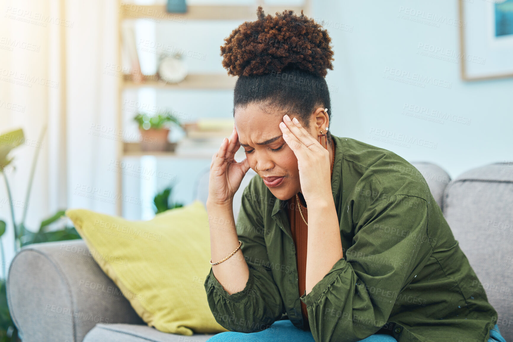 Buy stock photo Woman, headache and pain on sofa for stress, dizzy and challenge of mental health at home. Sad african person frustrated for migraine, anxiety or depression of fatigue, debt or vertigo in living room