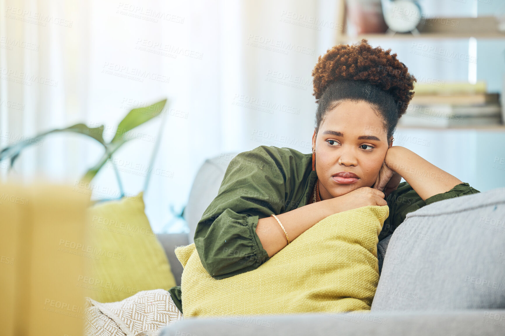 Buy stock photo Thinking, tired and black woman on the sofa with depression, anxiety or sad from a breakup. House, young and an African girl on the living room couch with an idea after job fail, mistake or divorce