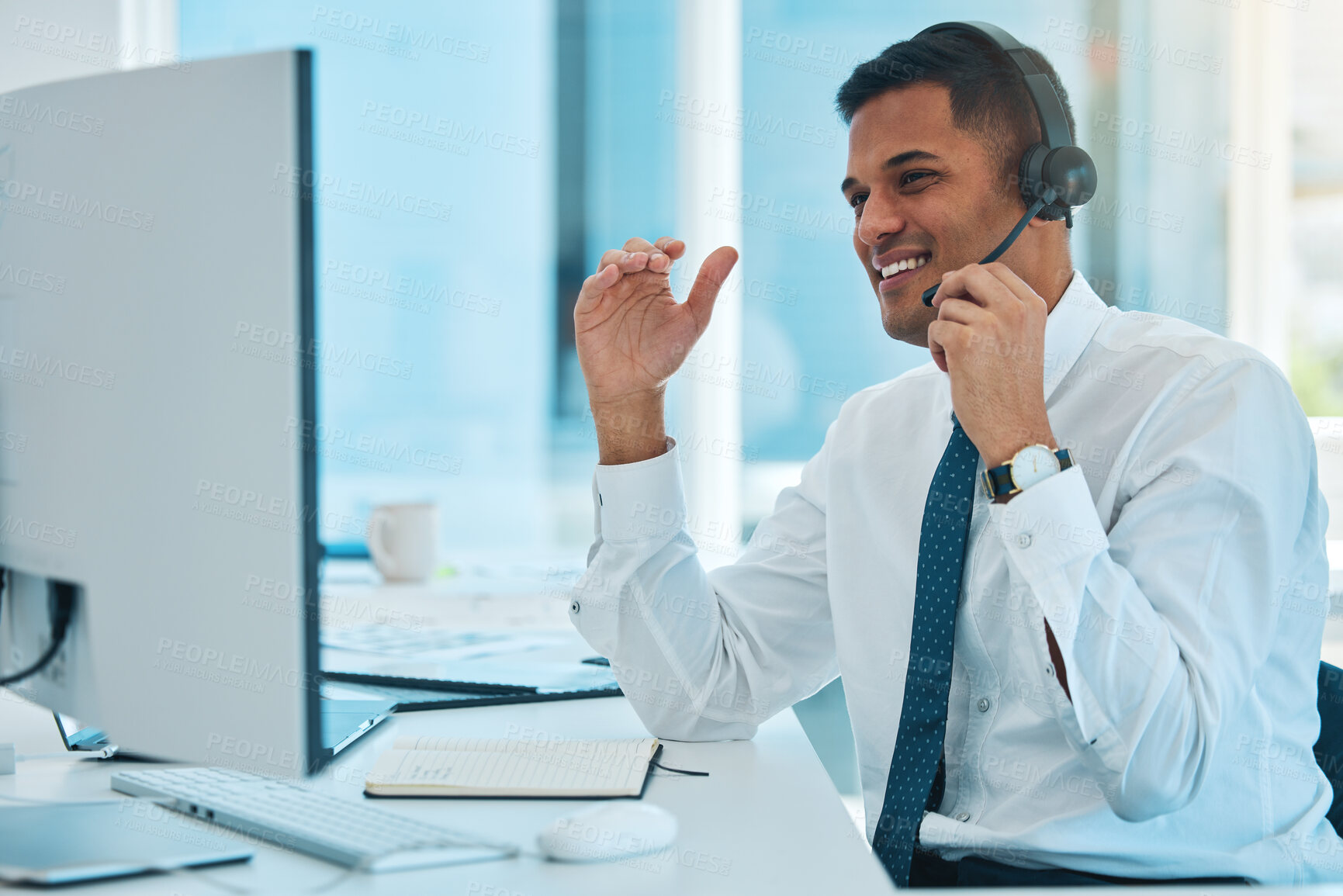 Buy stock photo Computer, call center and man telemarketing, happy and help desk support in office. Smile, customer service and sales agent in communication, consulting or listening to contact us in crm business