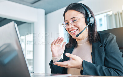 Buy stock photo Customer service, laptop and woman in video call, smile in help desk support and remote work at home. Computer, webinar and sales agent in callcenter, consulting or telemarketing in online conference