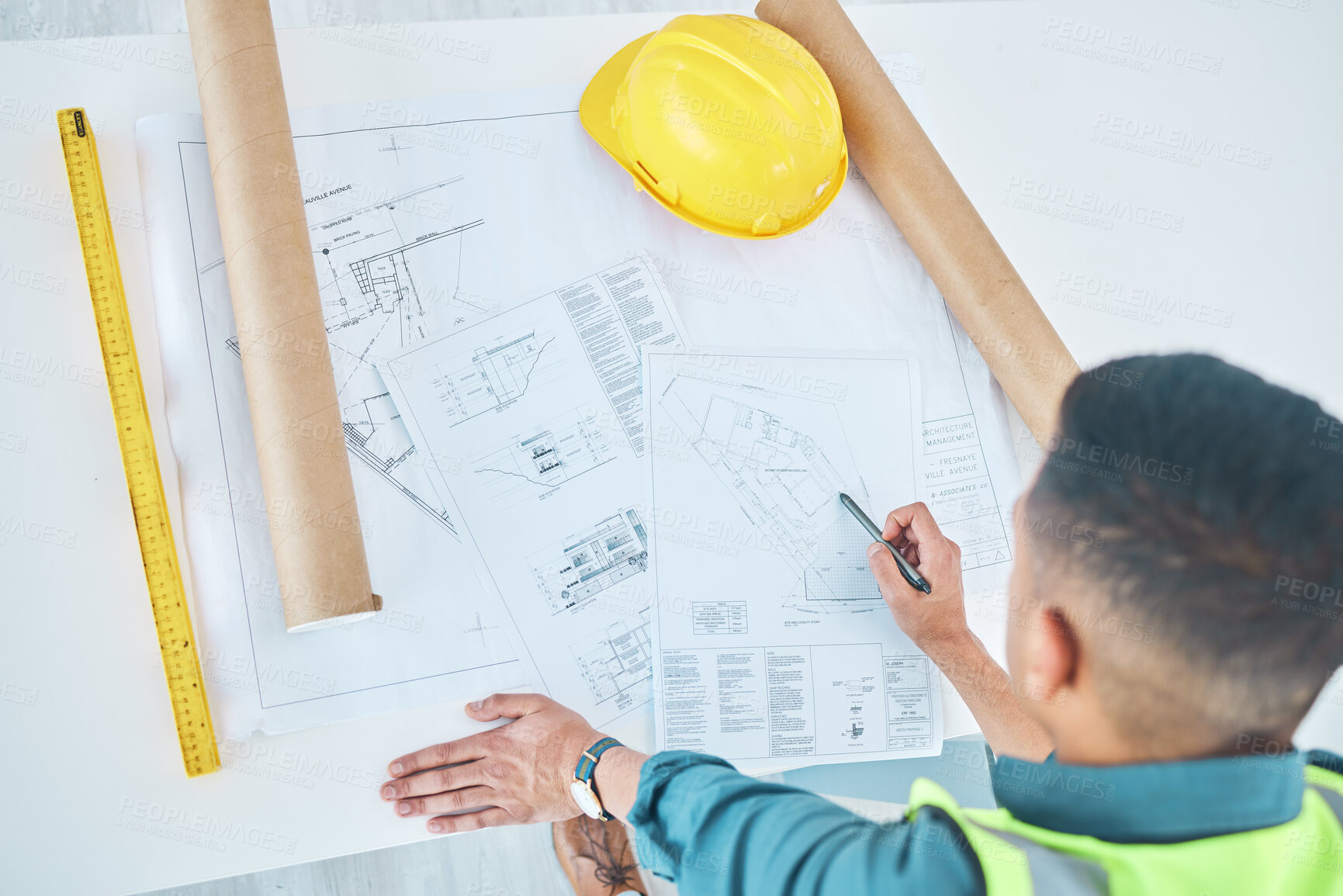 Buy stock photo Blueprint, top view architect and planning man, engineer or developer reading floor plan of property design. Architecture, contractor inspection or engineering analysis of infrastructure illustration