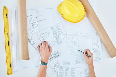 Buy stock photo Hands, above and a blueprint on a table for architecture, construction design or planning. Creative, logistics sketch and a contractor or builder with a drawing for infrastructure idea on paper