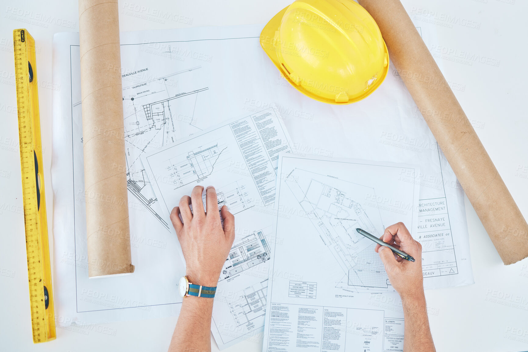 Buy stock photo Hands, above and a blueprint on a table for architecture, construction design or planning. Creative, logistics sketch and a contractor or builder with a drawing for infrastructure idea on paper