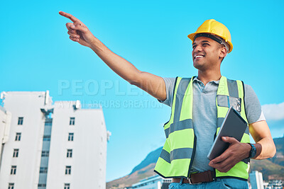 Buy stock photo City, tablet and happy man, architect and pointing at construction site, real estate development or property buildings. Civil engineering, project and engineer gesture at Los Angeles, California view